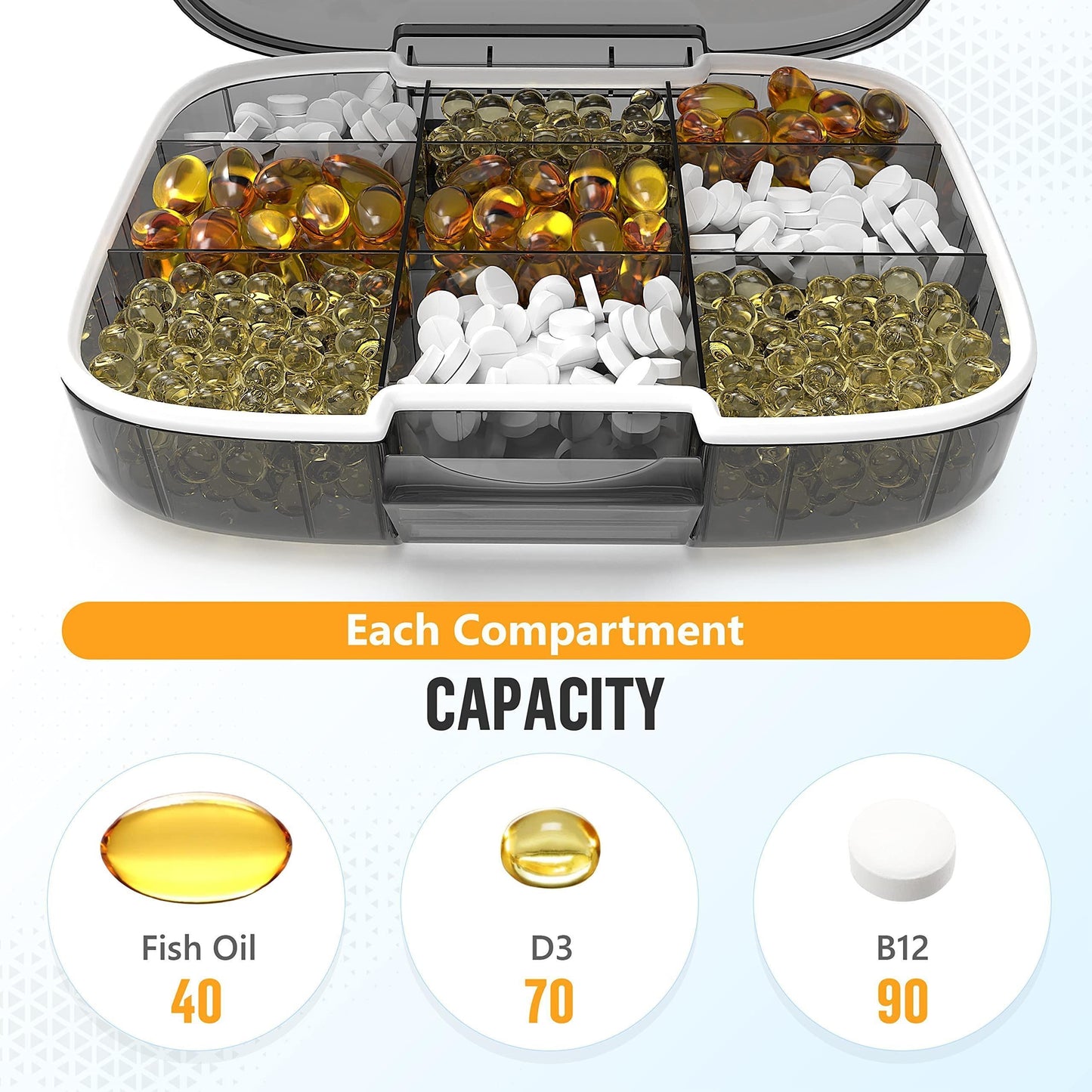 Extra Large Pill Organizer Medicine Case Black Pill Box Adjustable Compartment